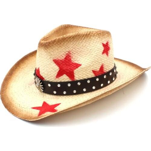 Women Men Straw Western Cowboy Hat With Punk Leather Band Handmade Weave Lady Dad Sombrero Hombre Cowgirl Jazz Caps Size 58CM