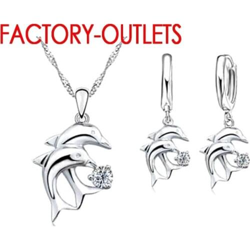 925 Sterling Silver Bridal Jewelry Sets Dolphin Design Round Crystal Necklaces Hoop Earrings Women Girls Engagement Anniversary