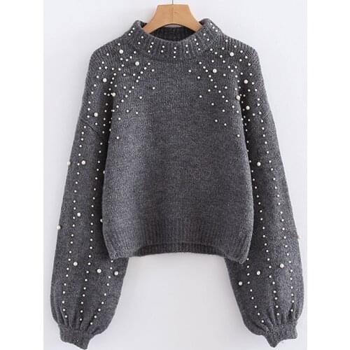 New Pearl o-neck winter knitted sweater Women lantern sleeve loose gray pullover female Soft warm autumn casual jumper Pullovers
