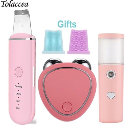 Ultrasonic Skin Scrubber Vibration Face Spatula Blackhead Remover +EMS Face Lifting Microcurrent Roller Massager+ Facial Sprayer