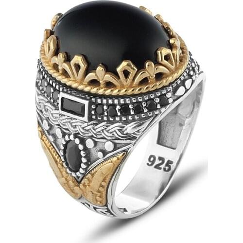 Embroidered 925 Sterling Silver Men 'S Ring Onyx