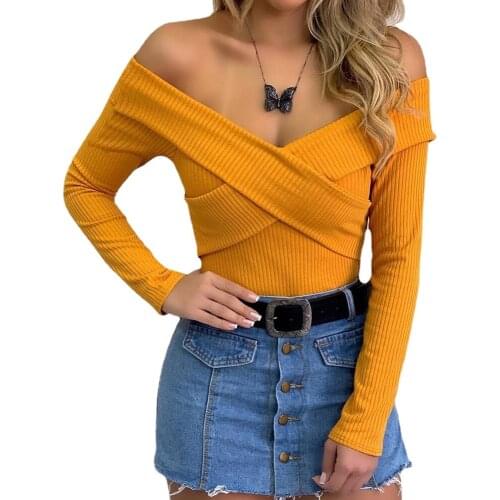 Sexy Women Long Sleeve Bottoming Shirt Split V-neck Knitting T-shirt Fashion Strapless T-shirt Fashion 2021 Autumn New Pullover