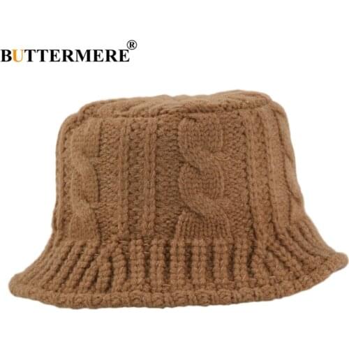 BUTTERMERE Knitted Designer Bucket Hat Women Warm Autumn Winter Hats for Women Solid Khaki Black Beige Yellow Fishing Hats