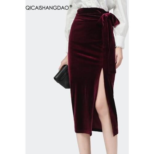Niche Style Wine Red Velour Pencil Skirt Side Slit High Waist O-Shaped Lace-Up Midi Skirts Elegant Sexy Women 2020 Winter New