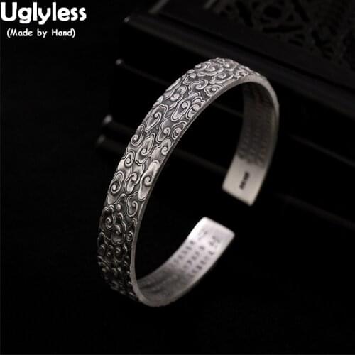 Uglyless Irregular Uneven Surface Women Cool Bangles Adjustable Real 99.9% Full Silver Open Bangles Heart Sutra Buddhism Jewelry
