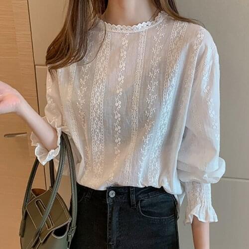 Blusas femininas shirts 2019 lace blouse white korean fashion clothing Spliced Peter pan Collar Flare Sleeve plus szie tops 0381