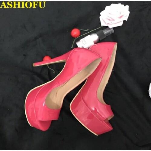 ASHIOFU Handmade Ladies High Heel Pumps Patent Leather Peep-toe Party Prom Dress Shoes Slip-on Evening Fashion Court Shoes XD360