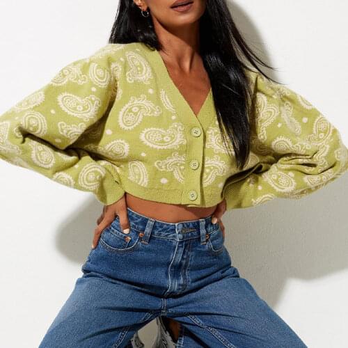 Cashew Flowers Jacquard Sweaters Cardigan Women Green Croped Knit Sweater Pullovers Knits Fashion Sweet Lady Print Knitwear Coat