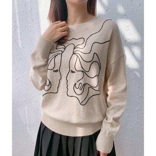 Round neck sweater women autumn/winter 2021 new style Korean loose abstract pattern jacquard sweater
