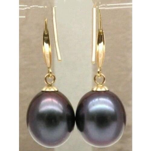 Free shipping charming pair of 11-13mm south sea baroque black pearl earring 14k/20
