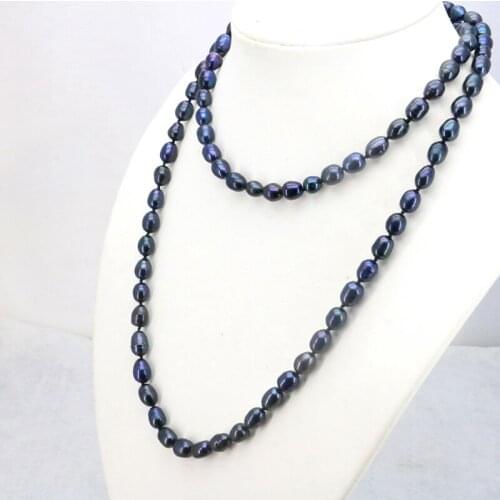Rice shape Black pearl long necklace chain 7-8mm 36 inches 2piece/lot fish shape buttons DIY Beaded Women hot sale necklace gift