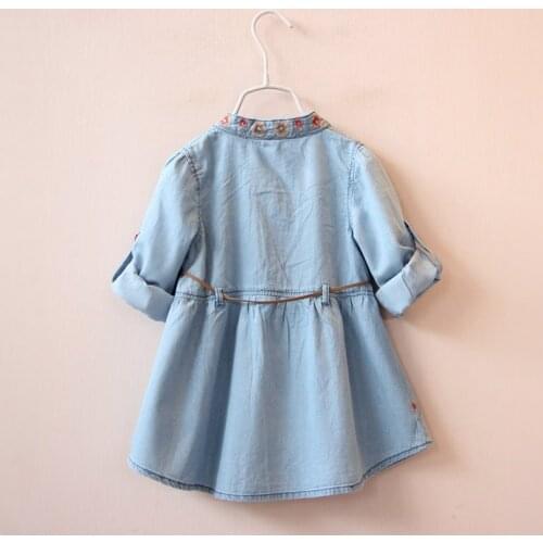 Hot Sale Baby Girls Fashion Denim Embroidered Princess Dress Children Cute Flowers Long Sleeve Dresses Little Kids One Piece B90
