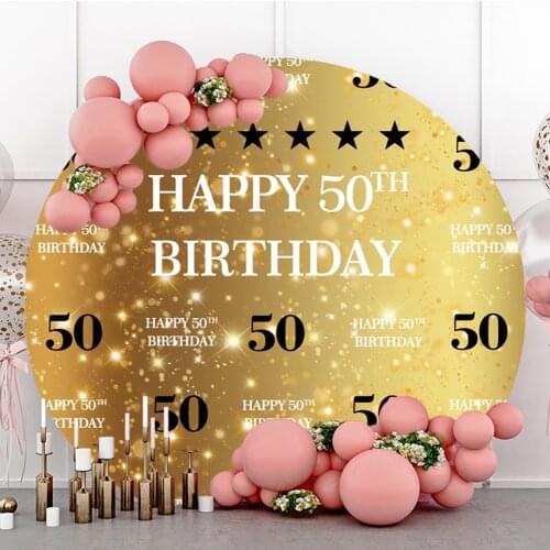 Laeacco Happy 50th Birthday Round Backdrop Golden Glitter Stars Birthday Party Customized Circle Poster Photography Background