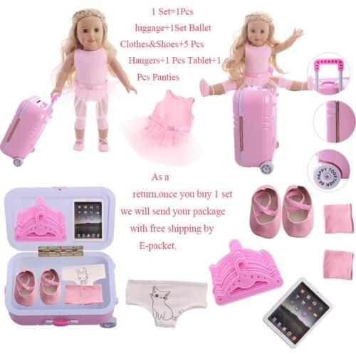 Doll Clothes 5Pcs/Set=Suitcase+Ballet/Denim Suits+Shoes+Panties+Mini Tablet For 18 Inch American&43 Cm Baby New Born Doll Girl`s