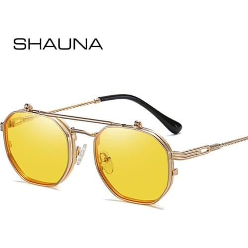 SHAUNA Retro Metal Punk Polygon Square Polarized Men Sunglasses Fashion Women Flip Clear Ocean Lens Sun Glasses Shades UV400