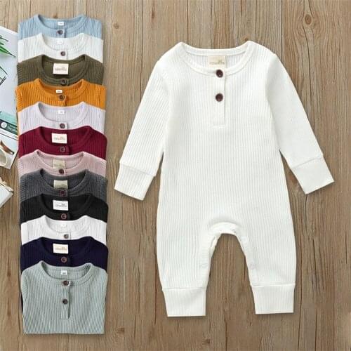 0-18M Unisex Newborn Baby Boy Girl Button Romper Toddler Cotton Solid Color Knit Ribbed Long Sleeve Jumpsuit Infant Clothing