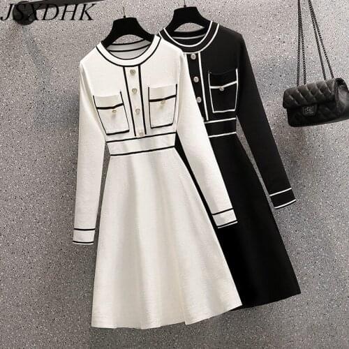 2021 New Autumn Winter Hit Color Striped Knitted Dress Elegant Women O Neck Button Long Sleeve White Sweater Dresses Plus Size