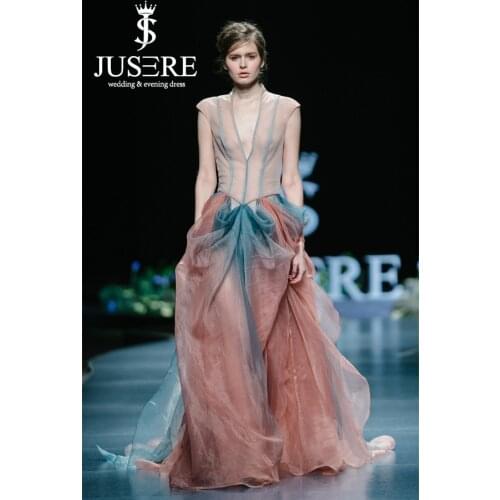 Gradient Color Sexy Prom Dress A-Line V-Neck Cap Sleeves See Through Floor Length Party Dresses Formal Gowns