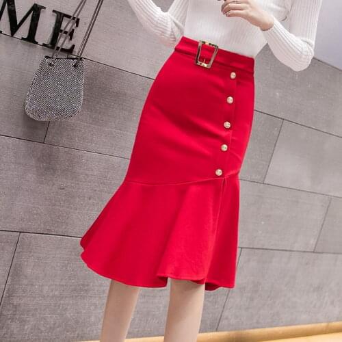 Plus Size S-5xl Womens Red Mermaid Skirt Fashion Casual High Waist Black Skirt Korean Office Women Sexy Midi Skirts Jupe Femme