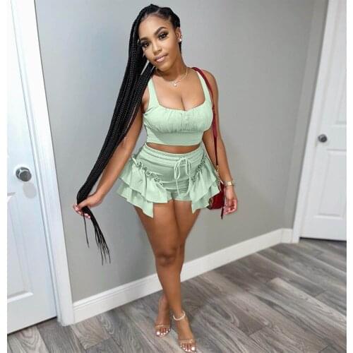 Sexy Ruffles Shorts and Crop Top Women Summer 2 Piece Sets Fashion Club Vacation Outfits Wholesale Items