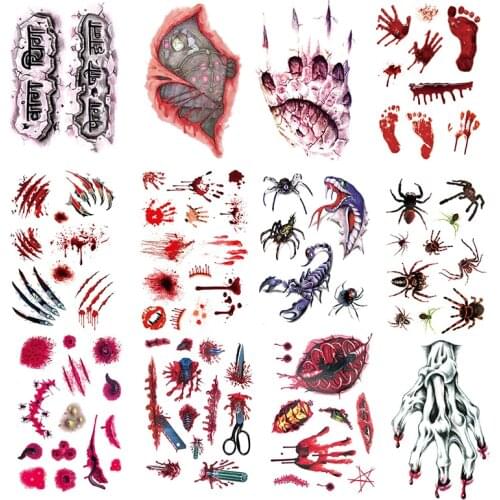 Terror Halloween Tattoo Stickers Realistic Non-toxic Long Lasting Face Stitched Injuries Temporary Body Makeup Tattoo Stickers
