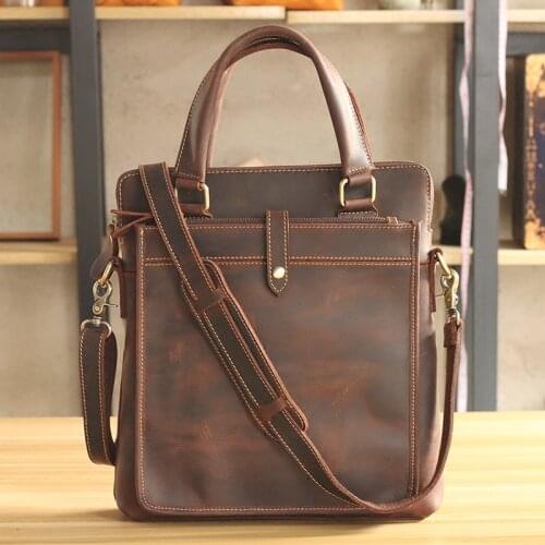Vintage Handmade Crazy Horse Leather Men Shoulder Bags Vertical Genuine Leather Handbag