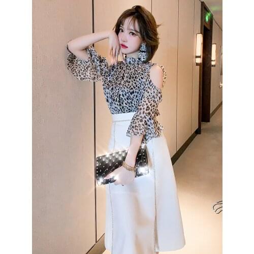 Top Quality Sexy Leopard off shoulder flared sleeve top+New summer dress with diamond split
