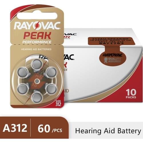 60 PCS Rayovac PEAK High Performance Hearing Aid Batteries. Zinc Air A312 312A ZA312 312 PR41 U Battery for CIC BTE Hearing aids
