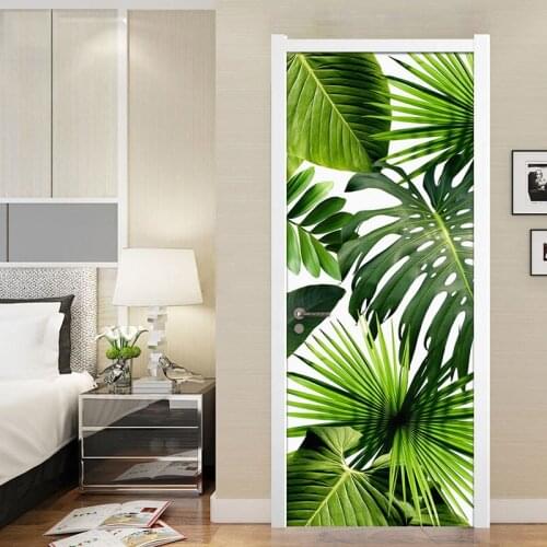 Green Leaf Modern Living Room Bedroom Door Decoration Sticker Wall Mural PVC Waterproof Self-Adhesive Door Wallpaper Wall Decals
