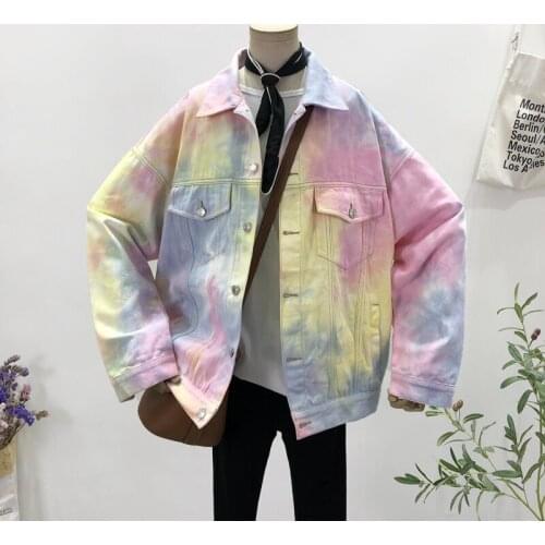 Harajuku Gradient Denim Jacket For Women Spring Autumn Contrast Color Dyed Painted Loose Outerwear Fashion Jeans Coat Tide G1013