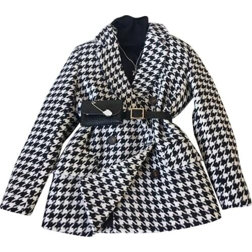 NEWDISCVRY Winter Jacket New Korean Version With Waist Bag Houndstooth Woolen Coat Suit Thick Loose Autumn Winter Woolen Jacket