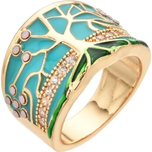 2020 new hot lucky flower tree ring fashion gold pink opal green enamel wide ring female party crystal retro jewelry JZ-044