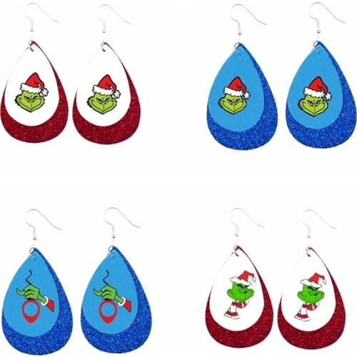 2020 Faux Leather Earrings Merry Christmas Grinch Cool Santa Classic Two Layers Glitter гринч