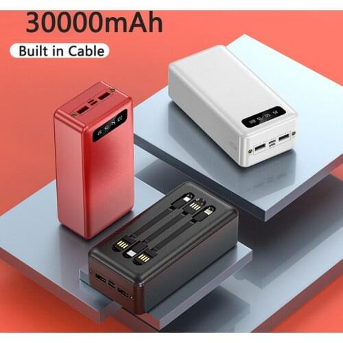 30000mAh Power Bank Built in Cable External Battery 2 USB Powerbank Portable Mobile Phone Charger for Xiaomi iPhone 12 PoverBank