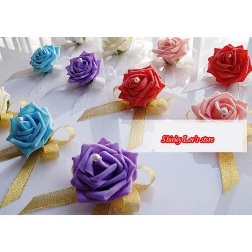 Free Shipping!!! (60pcs/lot ) Pretty Artificial Foam Rose W/Pearl Center Wedding Flower Bow ,W/Silver Or Gold Bow DIY Craft