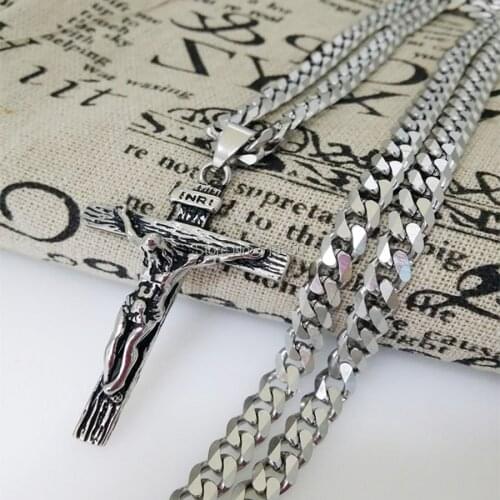 Free Shipping Charming New Punk Mens Jewelry Stainless Steel Silver Color Cross Pendant Necklace With 23.6" 6mm Curb Cuban Chain