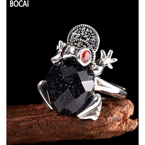 BOCAI New 100% Pure s925 silver jewelry distressed faceted blue sandstone woman ring toad index finger ring