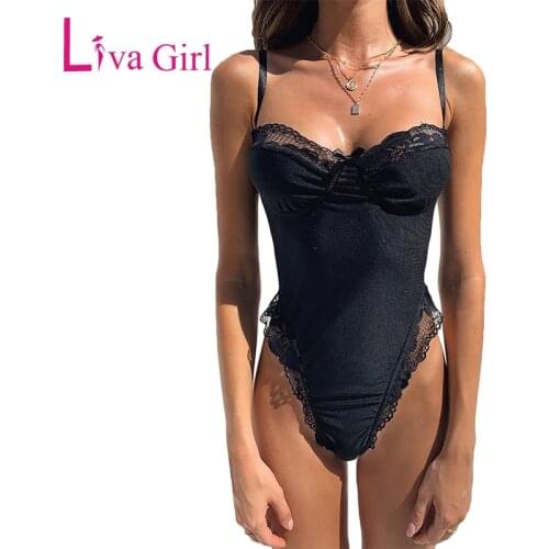 LIVA GIRL Women Black Lace Bodysuit Sexy Bodycon Sleeveless Bodysuits Spaghetti Straps Floal Lace Jumpsuit Club Female Body Tops