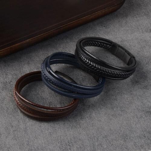 Men Punk Genuine Leather Bracelet Stainless Steel Magnetic Clasp Detachable Multilayer Leather Wrap Bracelet Jewelry For Male