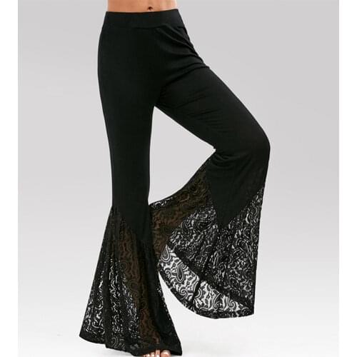 Pants Women 2021 High Waist Hollow Out Lace Flare Pants Patchwork Skinny Trousers Casual New Spring Ladies Wide Leg Pant