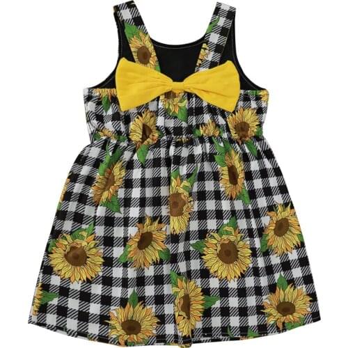 Summer Kids Girls Dress Sunflower Print Plaid Sleeveless Children Dress