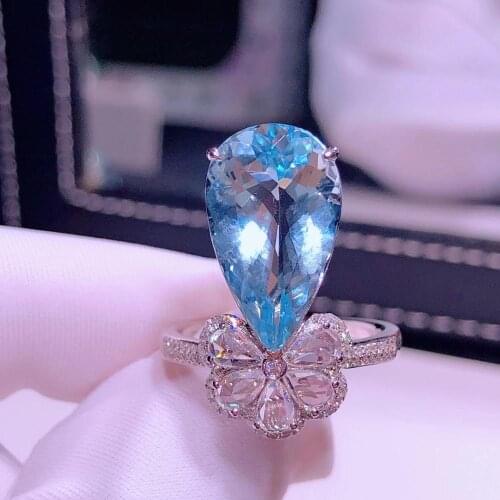 H810 Aquamarine Ring Fine Jewelry Pure 18 K Gold Natural Blue Aquamarine Gemstones 6.8ct Fine Rings