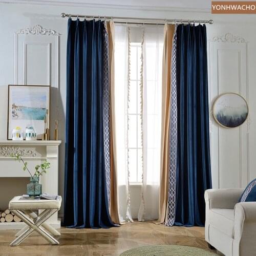 Custom curtain High-class American light luxury velvet villa simple modern blue thick cloth blackout curtain tulle panel C637