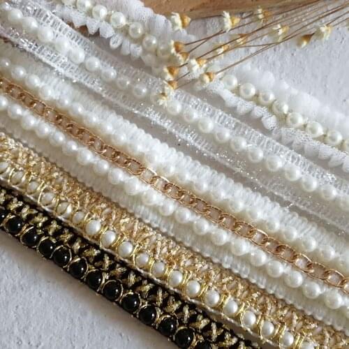 1m High Quality Lace Pearl Trims handmade diy Accessories Doll Clothing Accessories White Curtain Beaded Ribbon