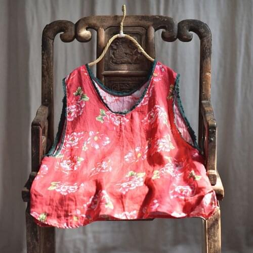 Women Spring Summer Linen Printed Patchwork Tanks Tanktops Female Retro Vintage Flax Sleeveless Tops Ladies 2020 Tank tops Shirt