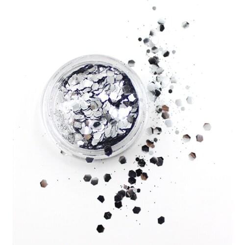 12pcs Silver color mix zise Hexagon Glitter Dust Sequin Set French Acrylic UV Gel Polish Tips Powder Sparkly Shiny 3D Nail Art