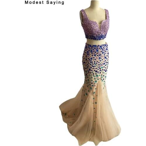 Real Luxury Mermaid Sweetheart 2 Piece Prom Dresses 2017 with Rhinestone Formal Sexy Party Prom Gowns vestidos de baile BE54