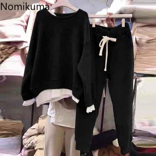 Nomikuma 2020 Autumn Korean 2piece Sets Fake Two piece Pullover Sweatshirt + Lace Up Waist Long Pants Women Sweat Suits 6D100