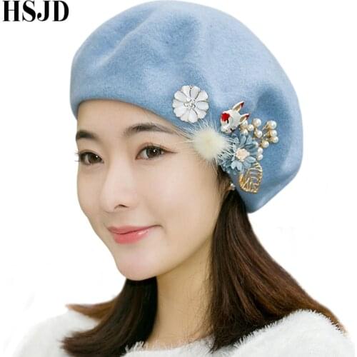 2017 New Brand Womens Winter Hat Handmade Beret Hat Female Girls Pearl Flower Fur Ball Wool Caps Women Hats Blue Pink Cute Cap
