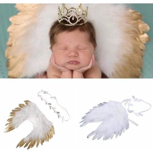 Baby Girls Angel Feather Wings with Elastic Gold Leaf Headband Infant Photography Props Accessories Holiday Decoration